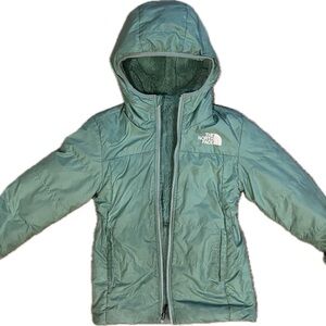 Girls North Face Mint Green Reversable Faux Fur Puffer Jacket